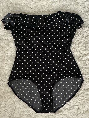 VINTAGE 80s 90s Bill Blass Black White Polka Dot Ruffle One Piece Swimsuit